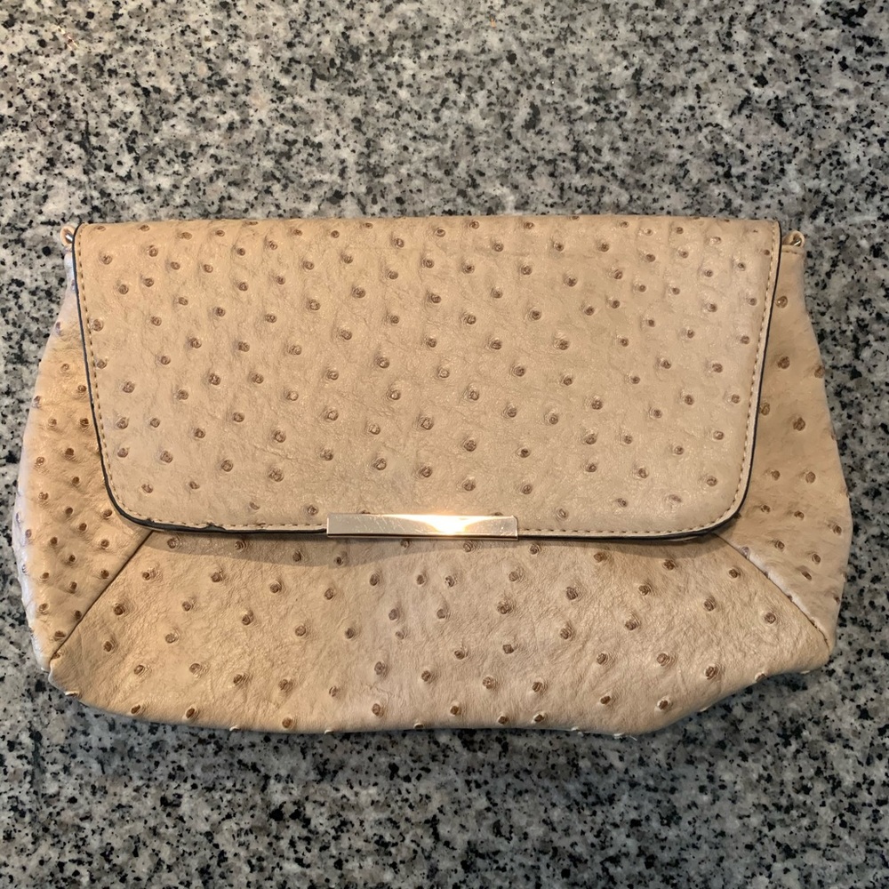 Large Faux Ostrich Creme Fold-over Clutch